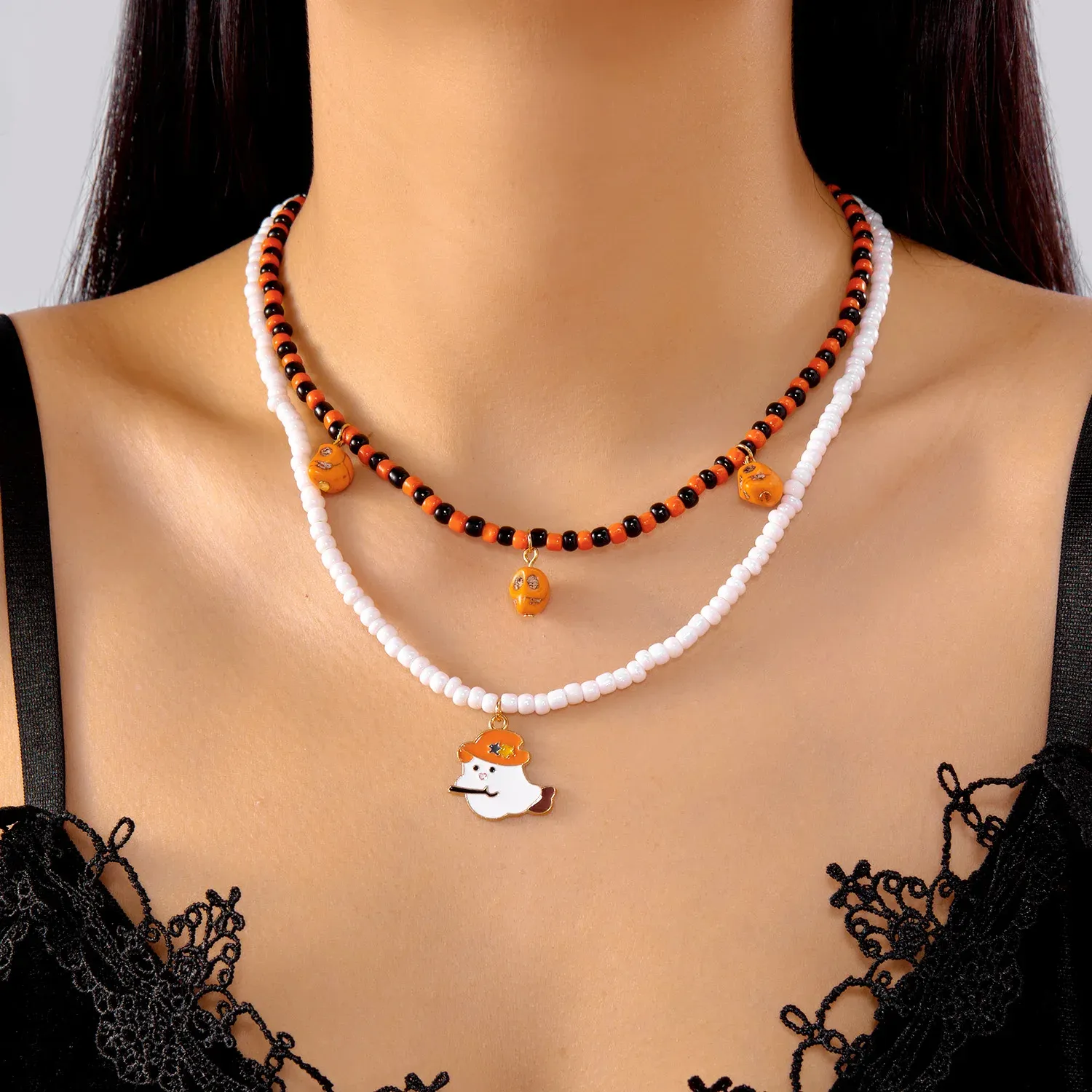 Halloween Beaded Choker Necklace with Ghost, Pumpkin & Bat Charms - Image 4