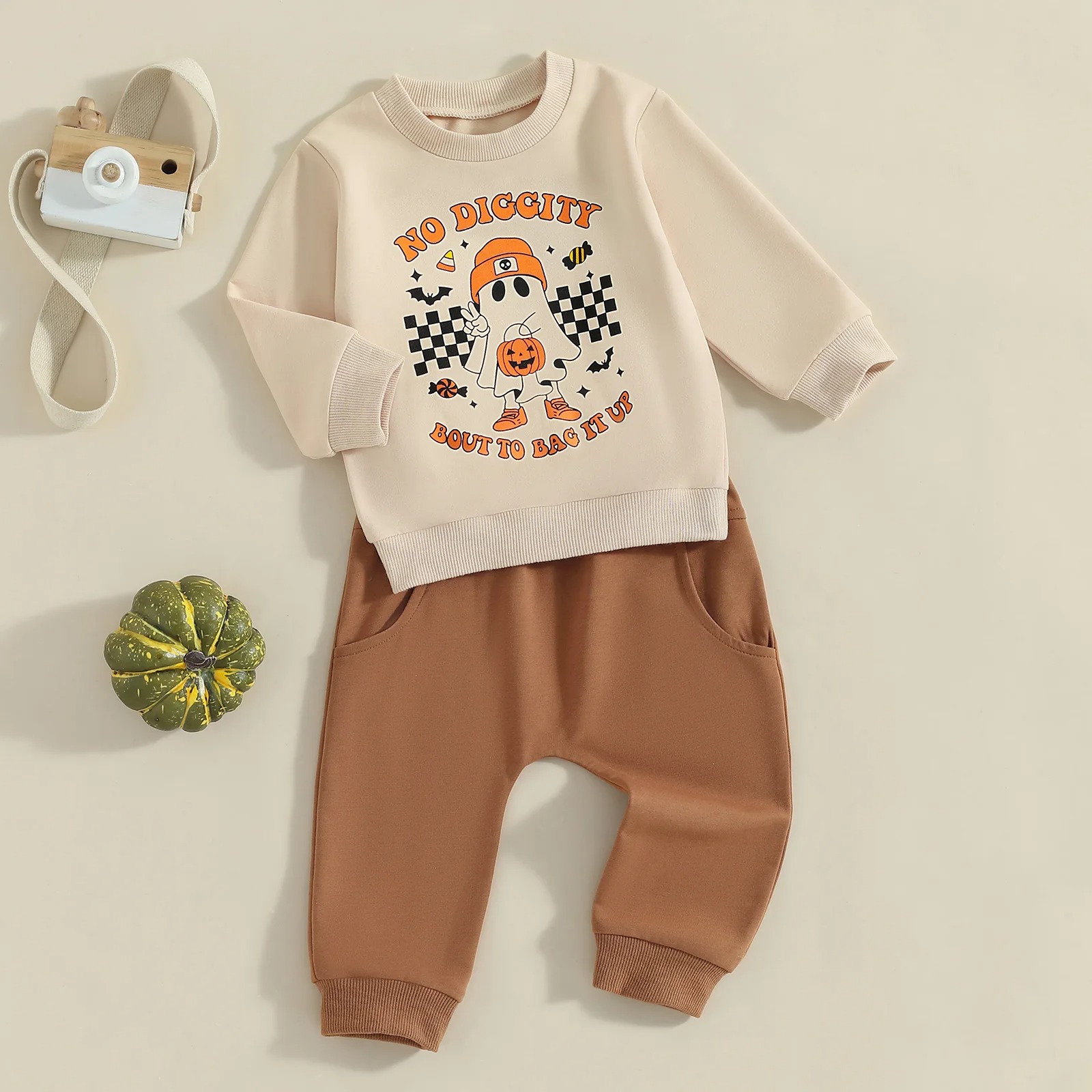 Kids Ghost Print Halloween Sweatshirt and Sweatpants Set - Image 2
