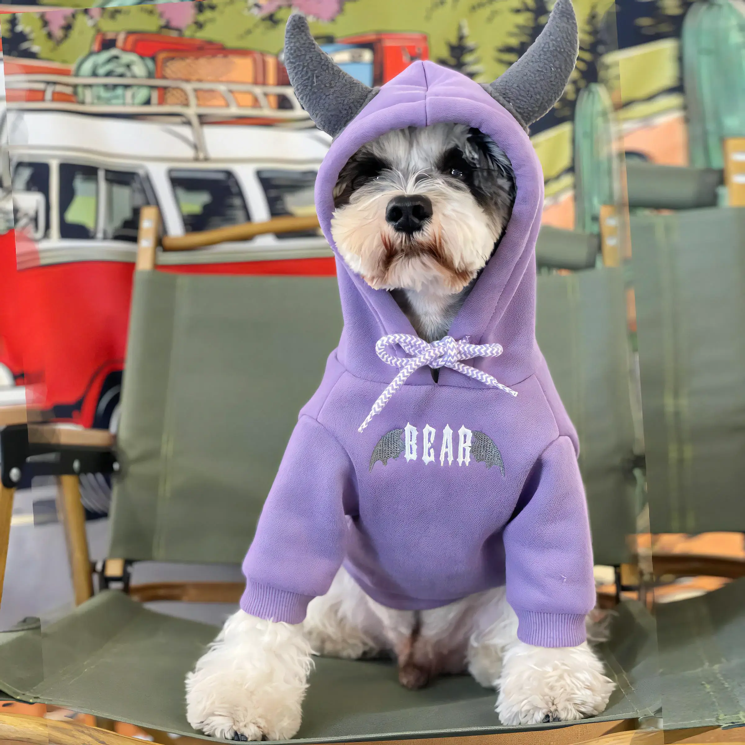 Cozy Fleece Dog Hoodie with Horns - Image 2