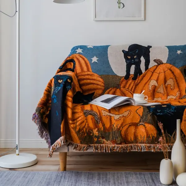 Halloween Pumpkin Cat Tassel Throw Blanket