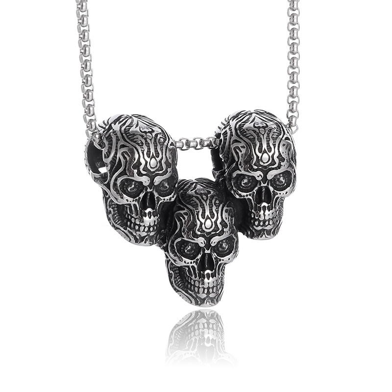 Men's Gothic Skull Pendant Necklace – Three Demon Heads Rock Jewelry - Image 5