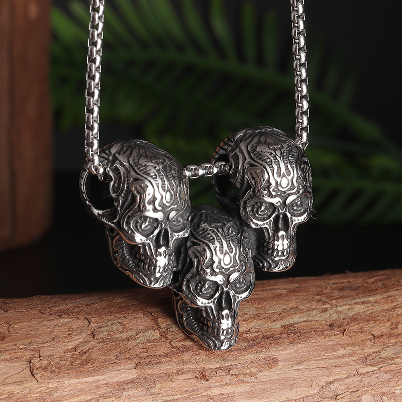 Men's Gothic Skull Pendant Necklace – Three Demon Heads Rock Jewelry - Image 3