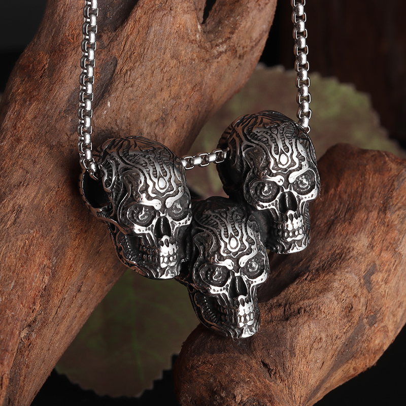 Men's Gothic Skull Pendant Necklace – Three Demon Heads Rock Jewelry - Image 2