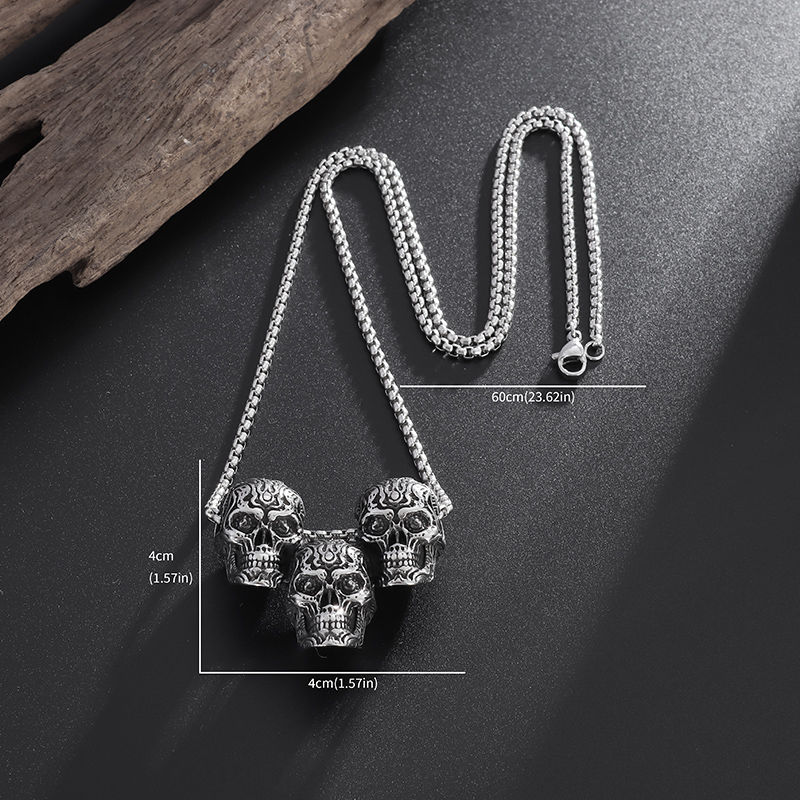 Men's Gothic Skull Pendant Necklace – Three Demon Heads Rock Jewelry - Image 4