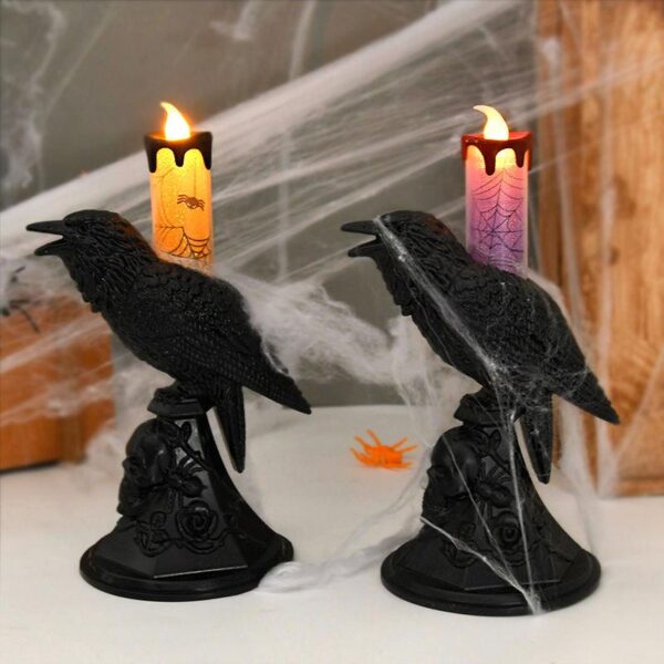 Black Crow Statue with LED Candle Lights