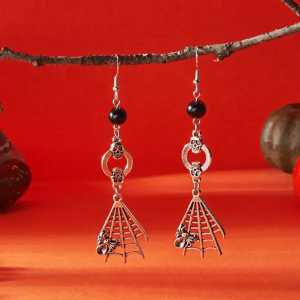 Gothic Halloween Skull & Spider Web Dangle Earrings – Silver Skeleton Jewelry