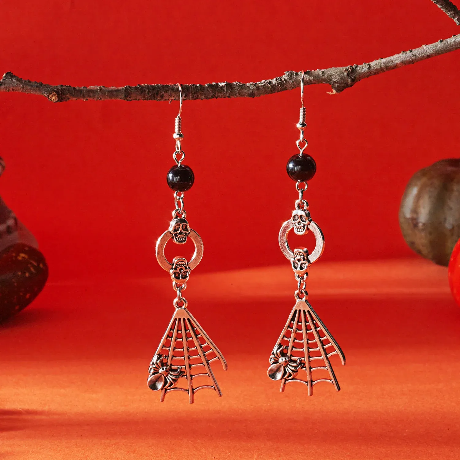 Gothic Halloween Skull & Spider Web Dangle Earrings – Silver Skeleton Jewelry