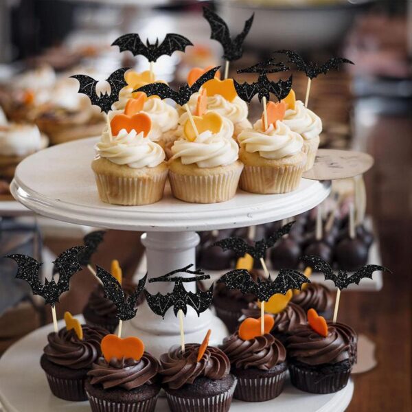 12 Pcs Black Glitter Bat Cupcake Toppers for Halloween