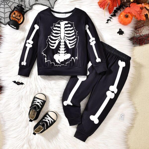 Little Boy Halloween Skeleton Print Long Sleeve Sweatshirt & Pants Set – Fall Winter Outfit