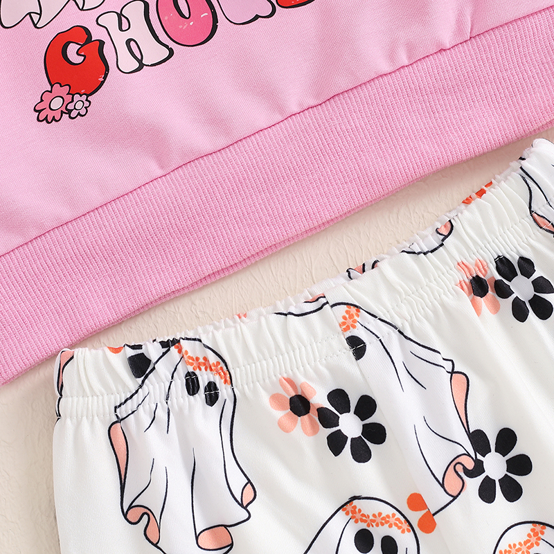 Toddler Girls Halloween Long Sleeve Ghost Print Top and Floral Pants Set - Image 5