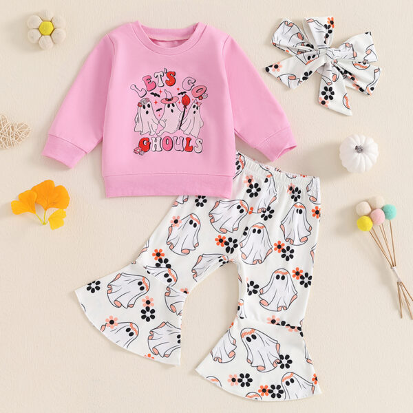 Toddler Girls Halloween Long Sleeve Ghost Print Top and Floral Pants Set