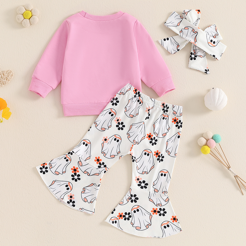 Toddler Girls Halloween Long Sleeve Ghost Print Top and Floral Pants Set - Image 2