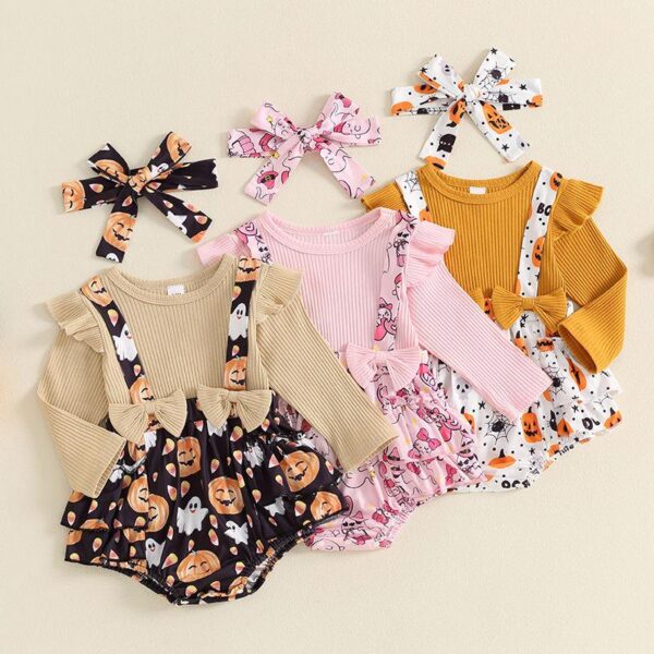 Baby Girls Halloween Pumpkin Print Romper and Headband Set