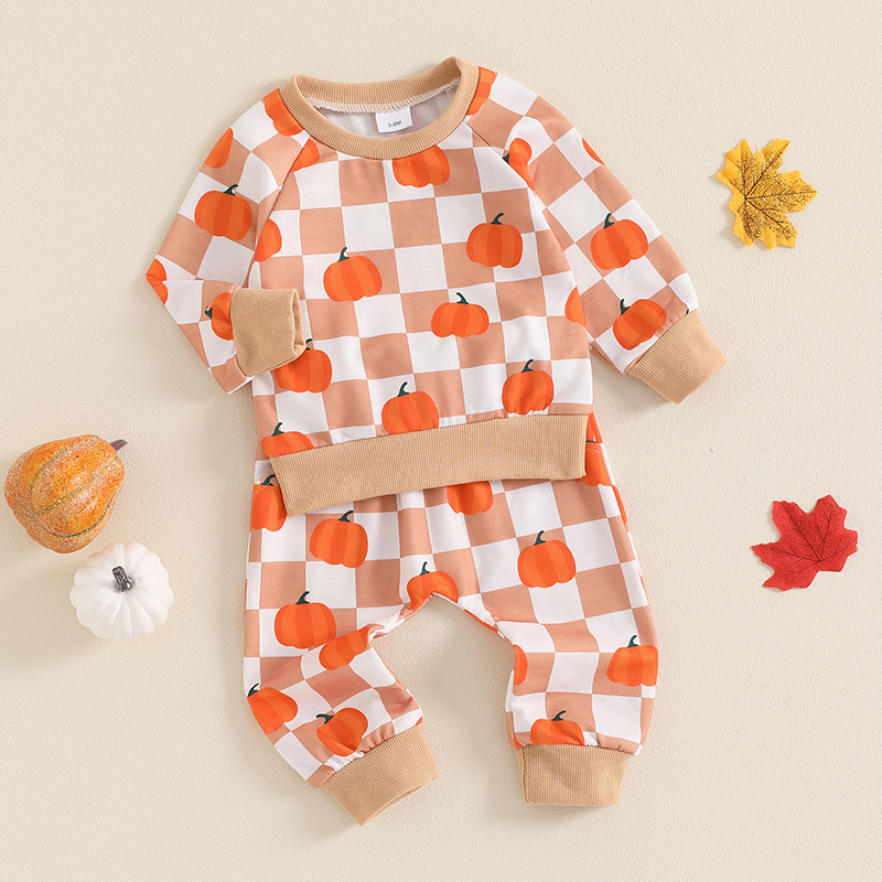 Toddler Boys Halloween Pumpkin Checkerboard Outfit 2-Piece Set - Image 3