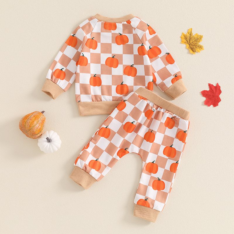 Toddler Boys Halloween Pumpkin Checkerboard Outfit 2-Piece Set - Image 2