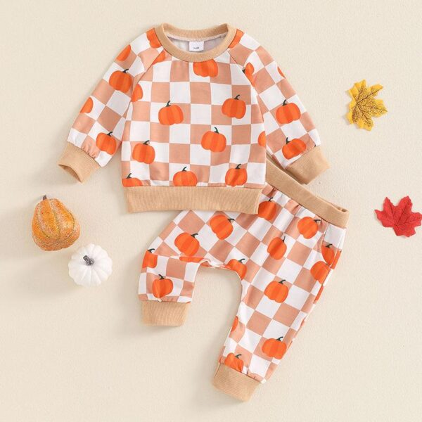Toddler Boys Halloween Pumpkin Checkerboard Outfit 2-Piece Set