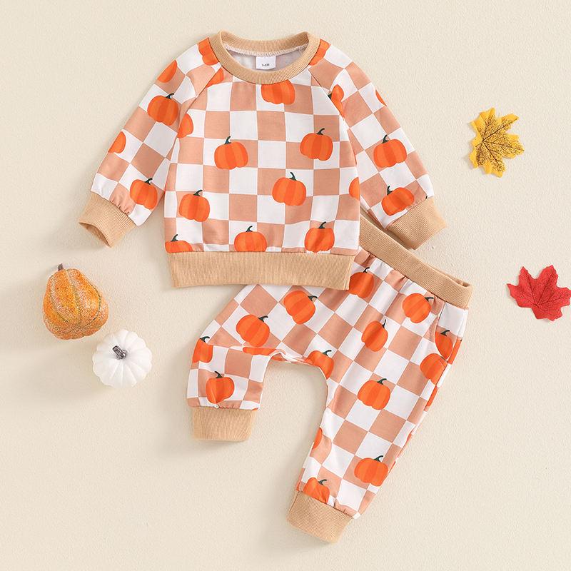 Toddler Boys Halloween Pumpkin Checkerboard Outfit 2-Piece Set