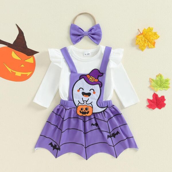 Baby Girl Halloween Romper Set with Ghost Embroidery and Headband