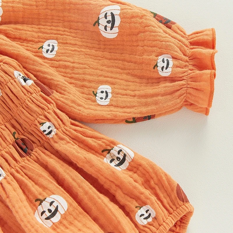 Pumpkin Print Long Sleeve Jumpsuit and Bow Headband set - Image 4
