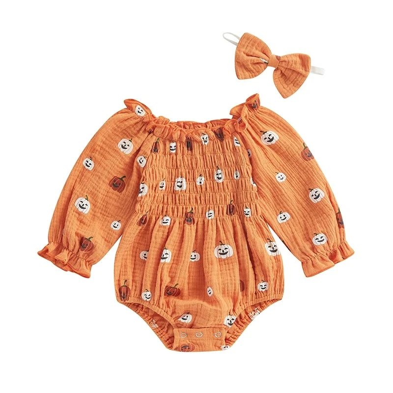 Pumpkin Print Long Sleeve Jumpsuit and Bow Headband set - Image 7