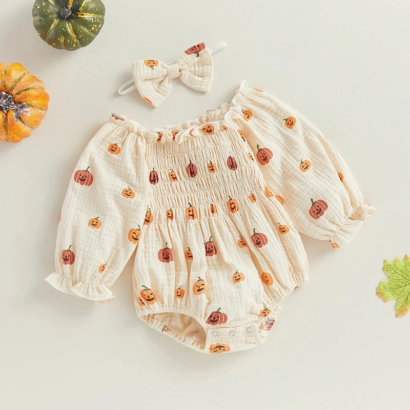 Pumpkin Print Long Sleeve Jumpsuit and Bow Headband set - Image 3