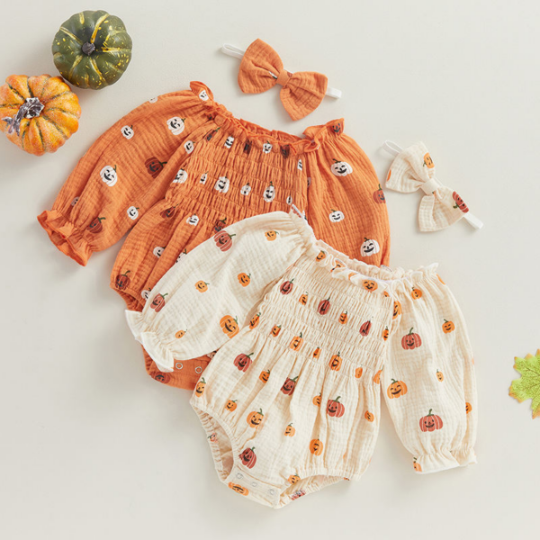 Pumpkin Print Long Sleeve Jumpsuit and Bow Headband set