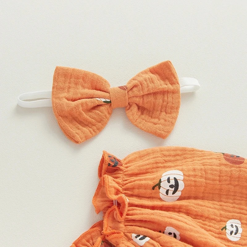 Pumpkin Print Long Sleeve Jumpsuit and Bow Headband set - Image 6