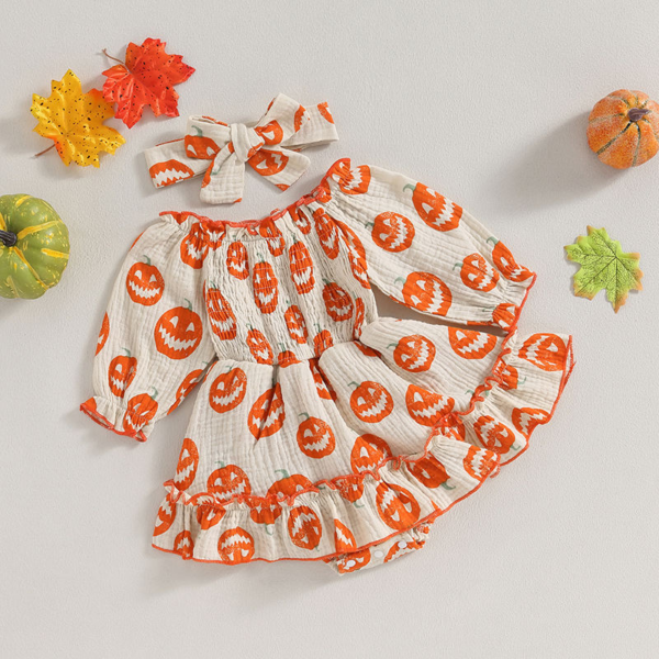 Pumpkin Print Newborn Baby Girls Romper Dress with Headband