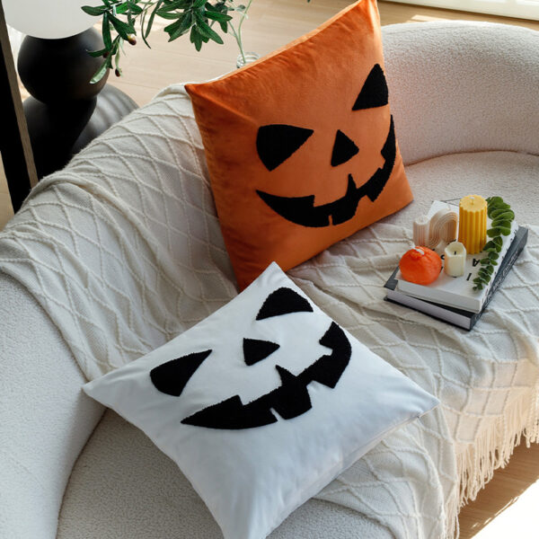 Halloween Ghost Face Embroidered Pillow Cover - Spooky Cushion Décor 18x18in