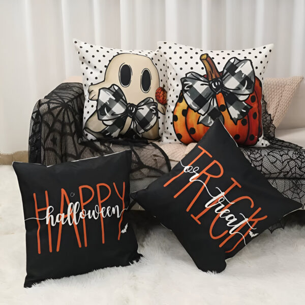 4pcs Halloween Pillow Covers with Ghost, Skeleton & Trick or Treat Designs