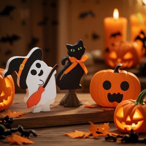 Halloween Wooden Ghost & Pumpkin Table Ornaments – Festive Party Décor