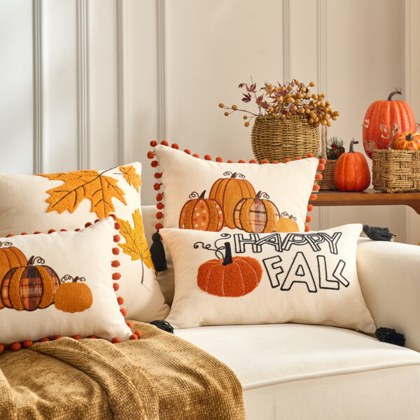 Fall Pumpkin Embroidered Cushion Cover with Pompom Fringe – 18x18 / 12x20 in
