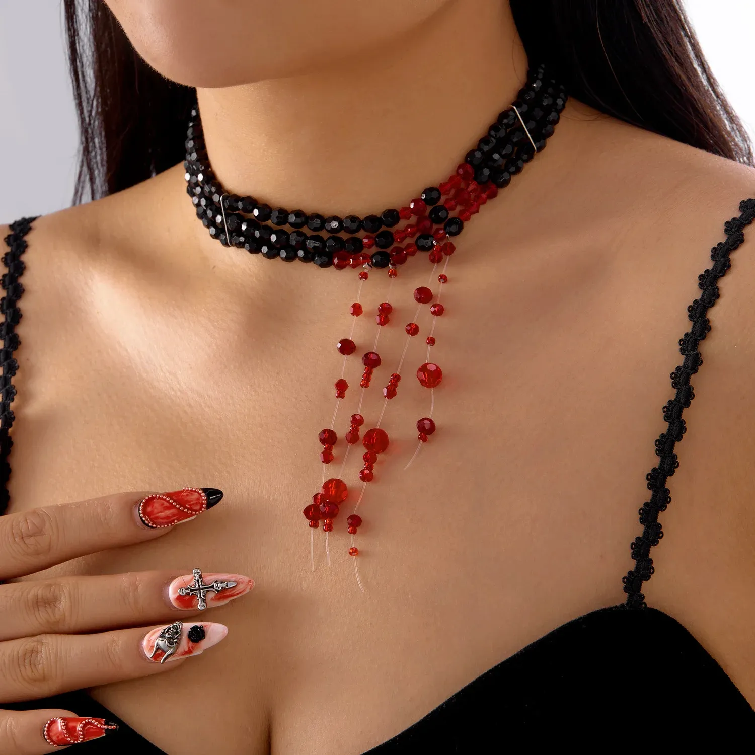 Gothic Red & Black Crystal Tassel Choker – Halloween Clavicle Necklace