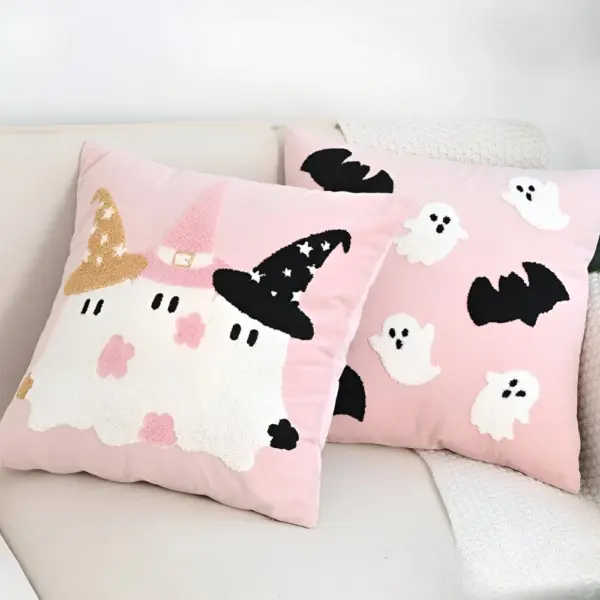 Halloween Pink Velvet Ghost Embroidered Cushion Cover 18x18in