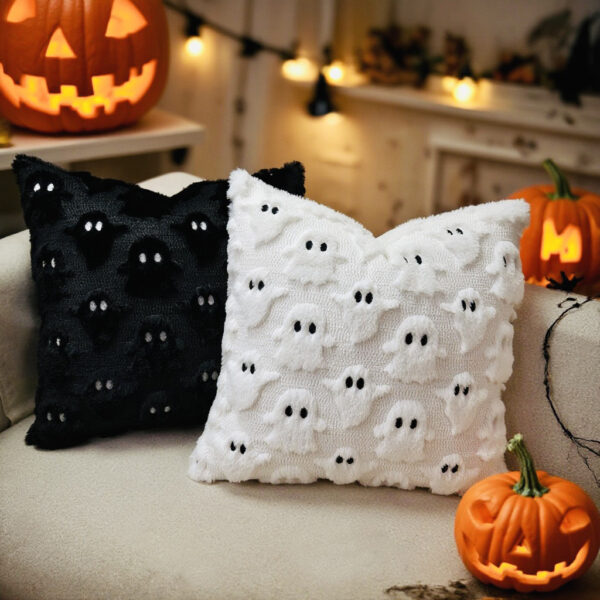 2 Piece Halloween Ghost Embroidery Cushion Covers 18x18 - Plush Black & White