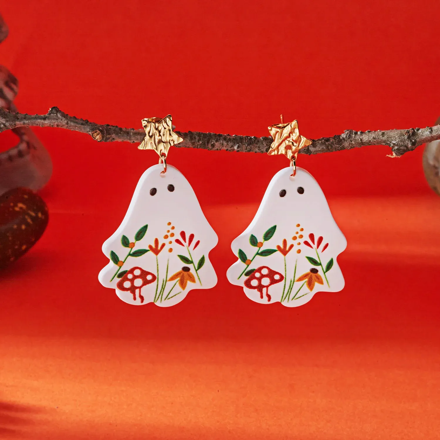 Halloween Ghost & Skeleton Tree Dangle Earrings – Spooky Cute Statement Jewelry