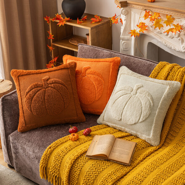 Fall Harvest Pumpkin & Maple Leaf Embroidered Plush Cushion Cover 18x18
