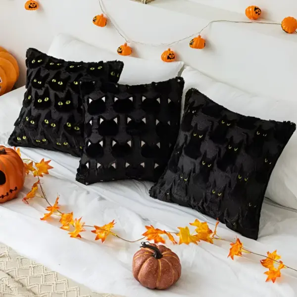 Halloween Black Plush Embroidered Throw Pillow Cover 18x18 Inch