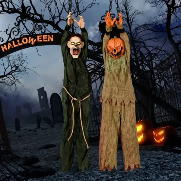 Halloween Hanging Pumpkin Head with Scary Sounds – Spooky Fabric Decor