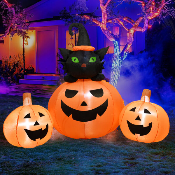 Halloween Inflatable Cat Pumpkin Outdoor Decoration with LED Lights