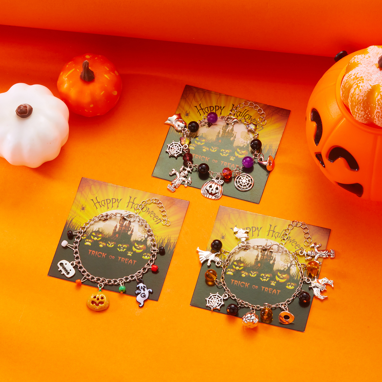 Halloween Charm Chain Bracelet with Spiders, Pumpkins & Ghosts - Image 5