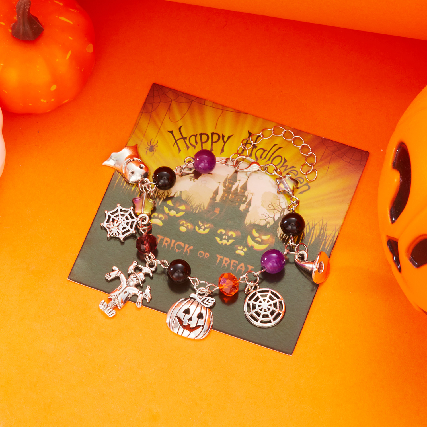 Halloween Charm Chain Bracelet with Spiders, Pumpkins & Ghosts - Image 6