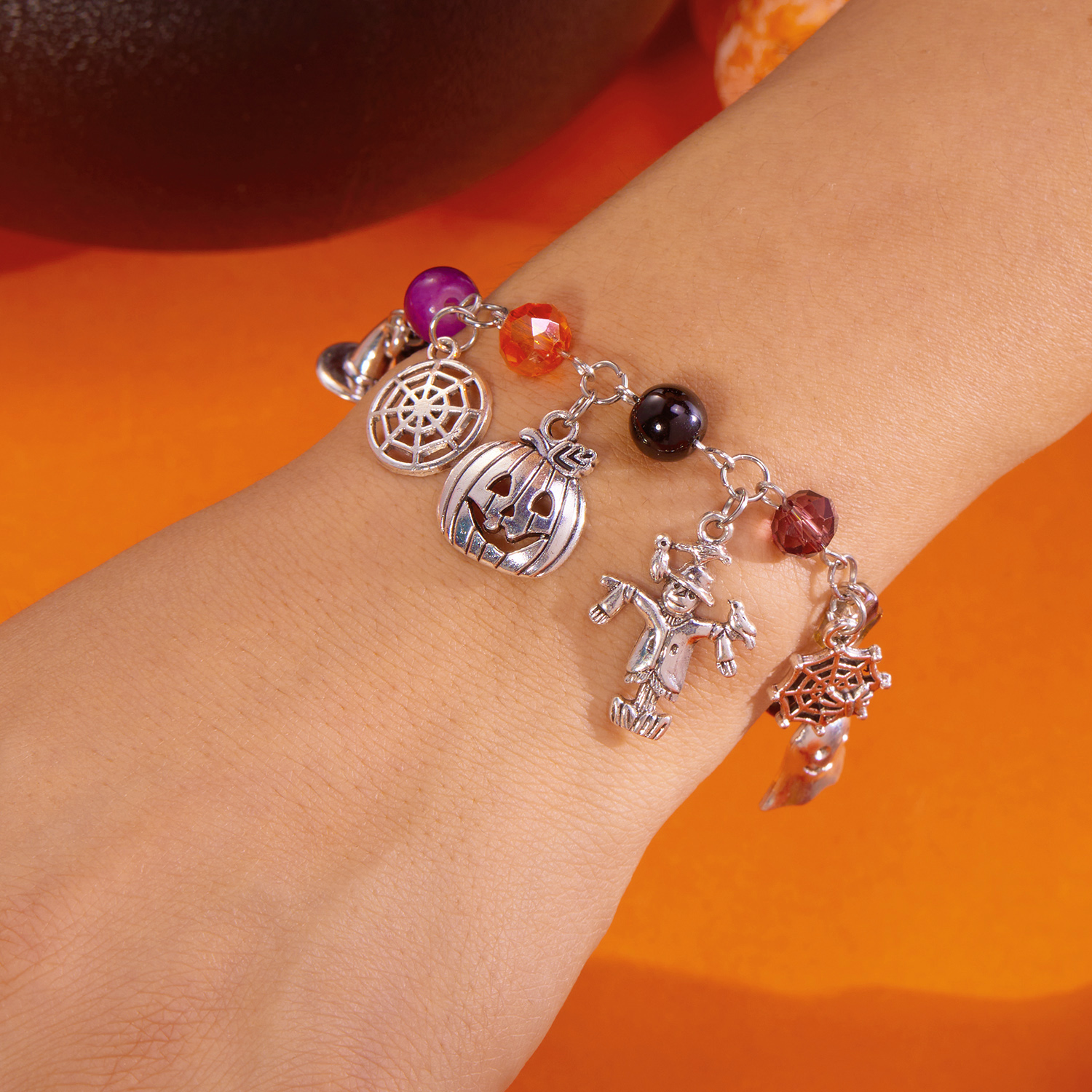 Halloween Charm Chain Bracelet with Spiders, Pumpkins & Ghosts - Image 2