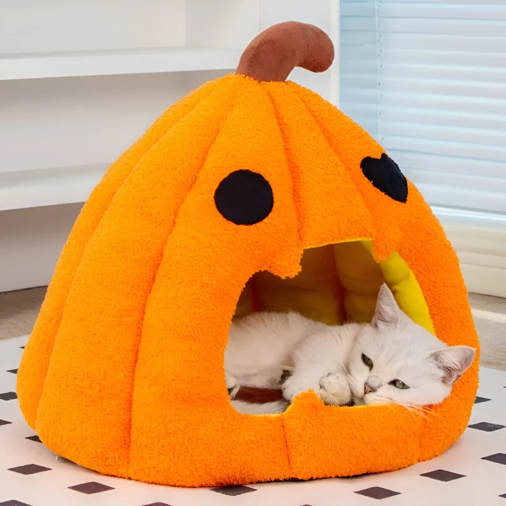 Halloween Pumpkin Cat Bed – Velvet Waterproof Cozy Nest for Cats Under 15lbs - Image 2