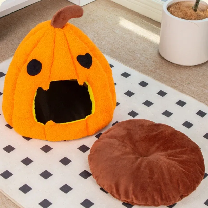Halloween Pumpkin Cat Bed – Velvet Waterproof Cozy Nest for Cats Under 15lbs - Image 4