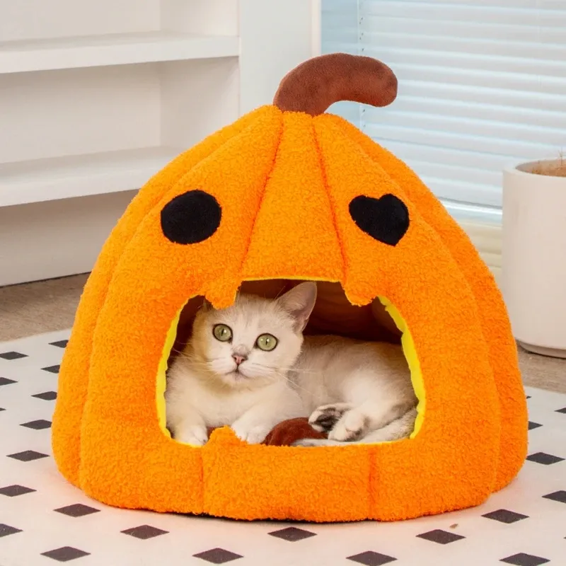 Halloween Pumpkin Cat Bed – Velvet Waterproof Cozy Nest for Cats Under 15lbs - Image 3