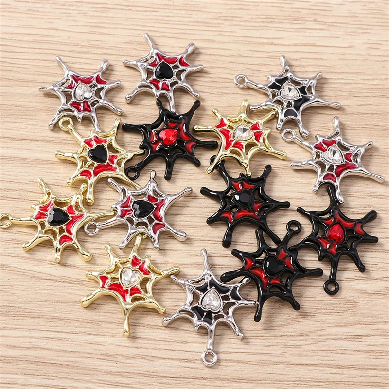 5pcs Halloween Spider Web Charms – Crystal Metal Pendants for Jewelry DIY - Image 2
