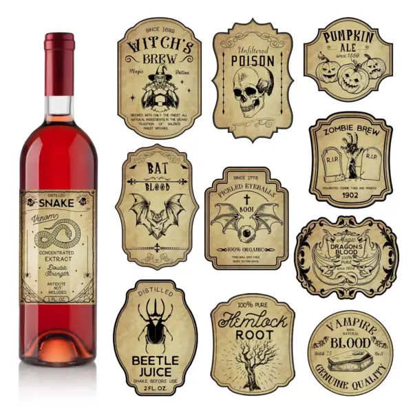12pcs Halloween Red Wine Bottle Stickers - Ghost Festival Party Home Decor
