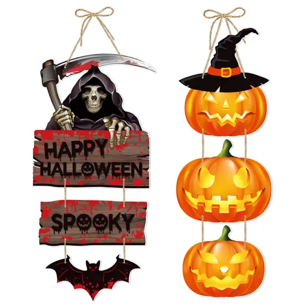 Spooky Halloween Paperboard Door Hangings - Skull, Bat, Pumpkin, Ghost & More