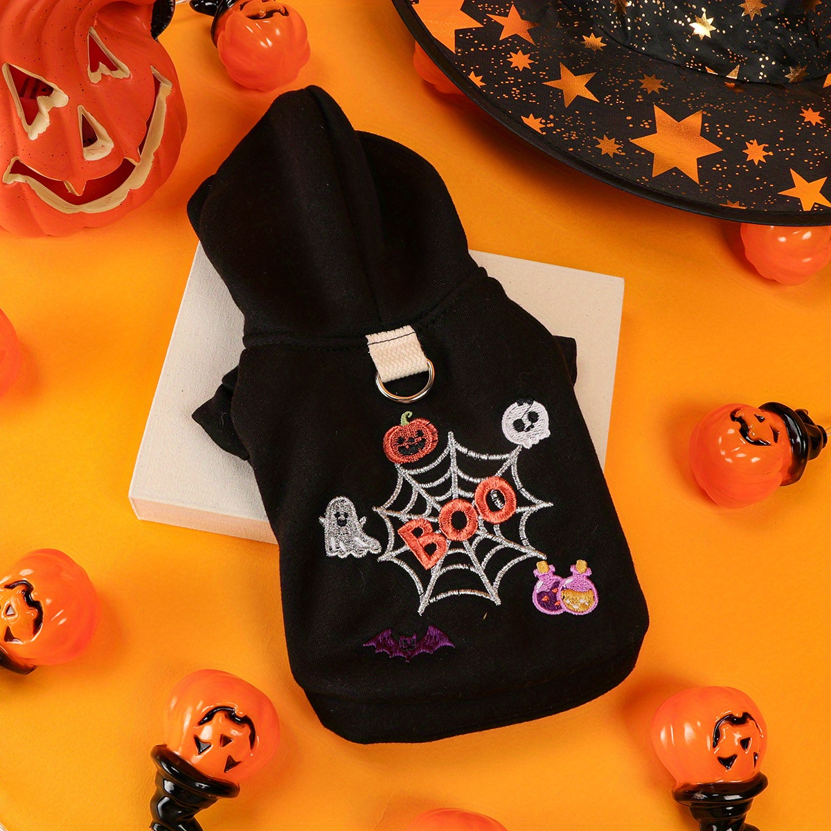 Halloween Spider Web Pet Hoodie with Pumpkin Embroidery
